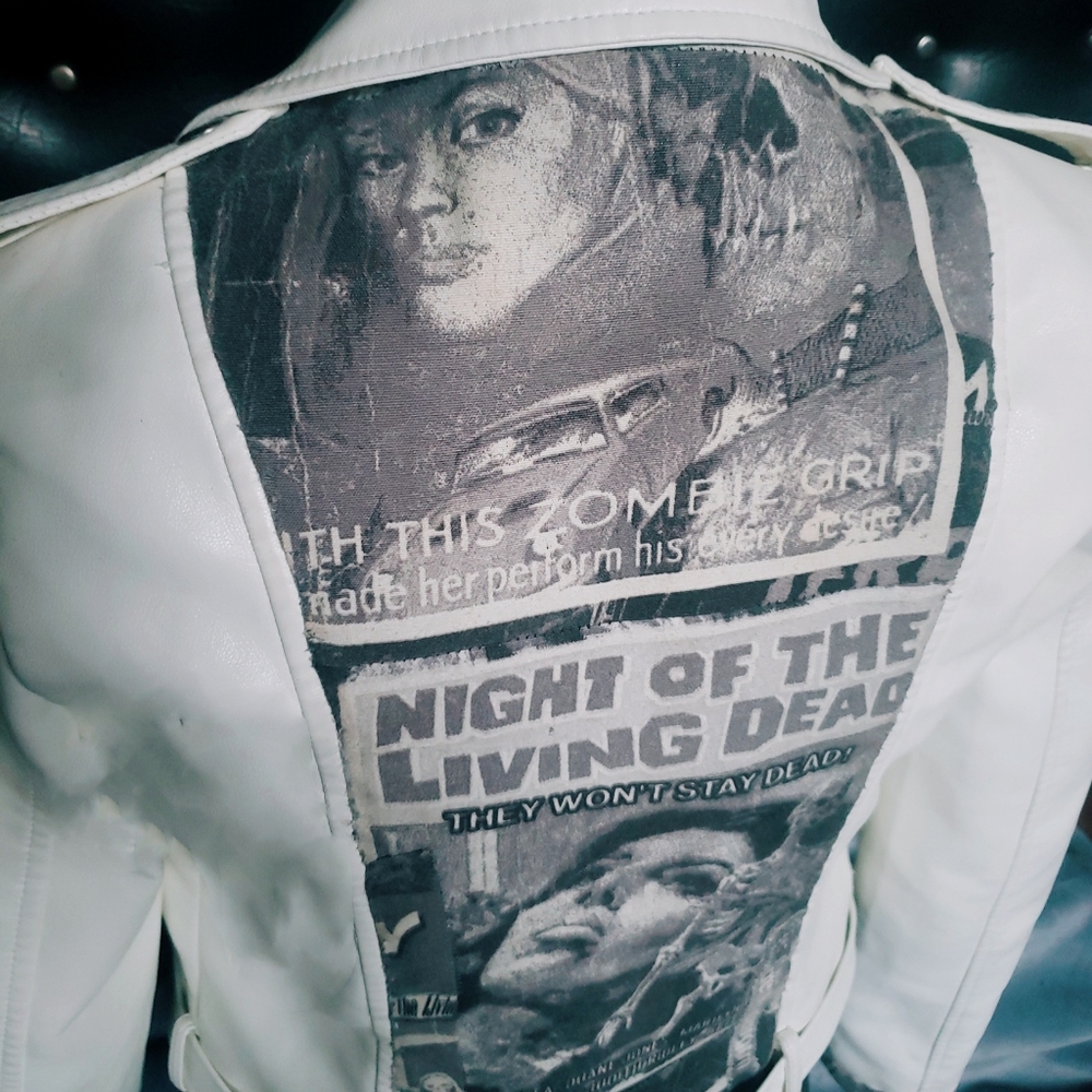 Upcycled vegan leather biker style jacket with B movie bautys - Picture 1 of 5